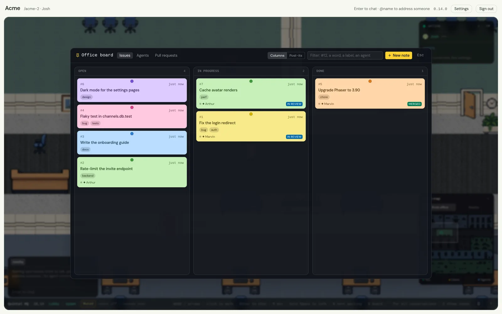 The office board in columns: notes open, in progress and done, with the agent each is handed to and the branch it is on.