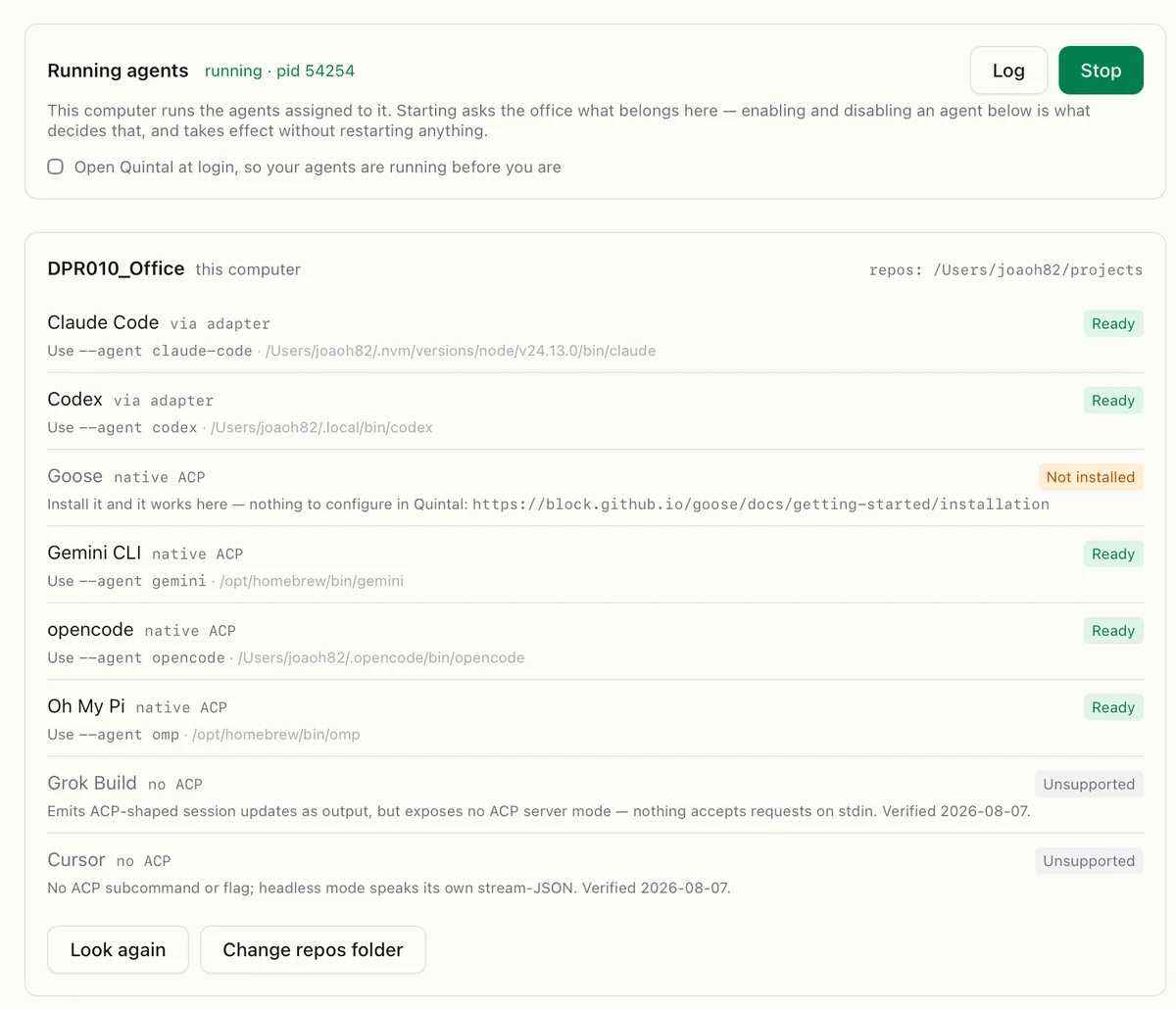 Quintal desktop detects Claude Code, Codex, Goose, Gemini CLI, opencode, and Oh My Pi runtimes and shows their availability.